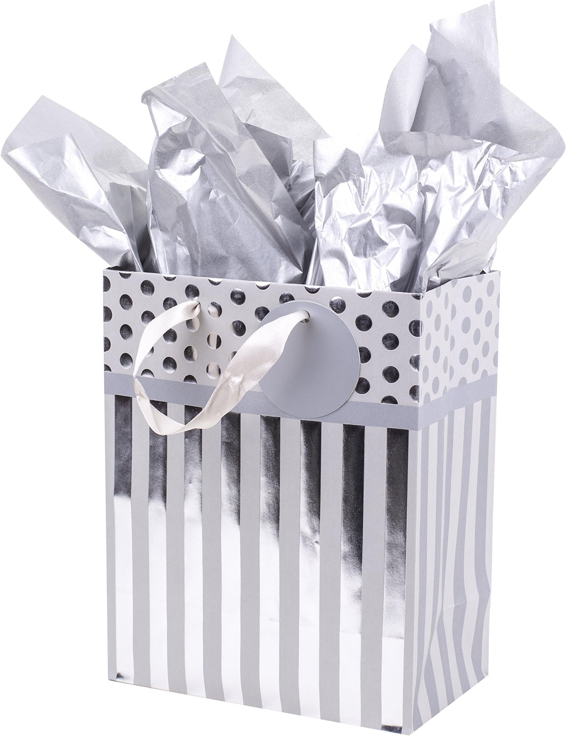 Hallmark 9" Medium Gift Bag with Tissue Paper (Silver and Gray Stripes) for Engagements, Bridal Showers, Weddings, Anniversaries, Retirements and More