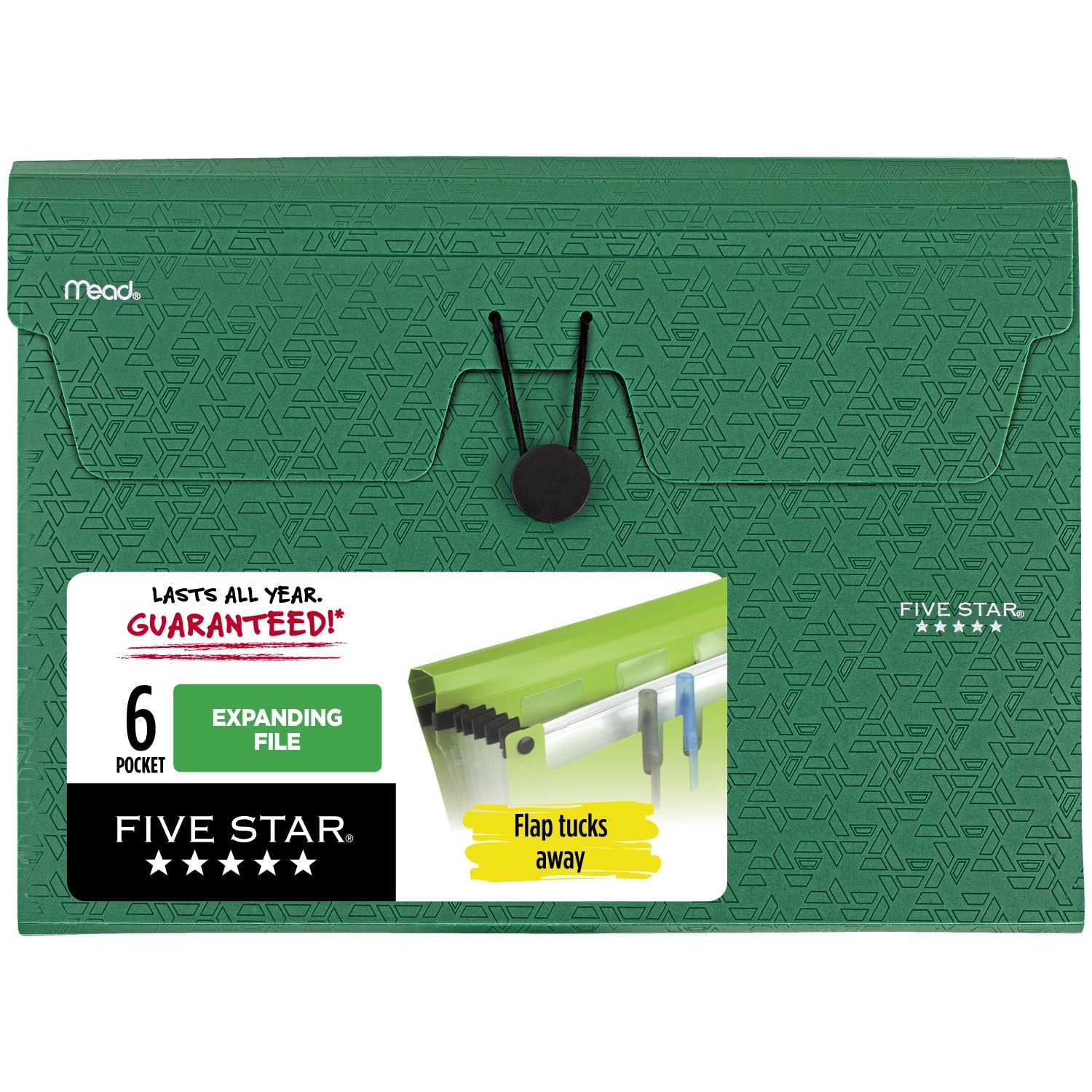 Five Star 6 Pocket Expanding File Organizer, Plastic Expandable File Folders with Pockets and Tab Inserts, Holds 11" x 8-1/2", Bungee Closure, Forest Green (72925)