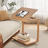 AQIMUELE Wooden C-Shaped End Table,Couch Table with Adjustable Desktop,Small Rolling Side Table with 2 Lockable Wheels 23.6" Width,Small End Table for Couch, Living Room,Bedroom (Natural)