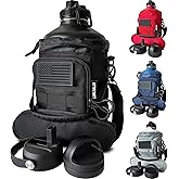 LUNCHALOT 1 Gallon Water Bottle - 128 Oz Insulated Stainless Steel Metal Water Bottle with Holder - Carrying Bag - Spout Handle - Straw Lids - Keep Cold & Hot - Black Tactical Flask