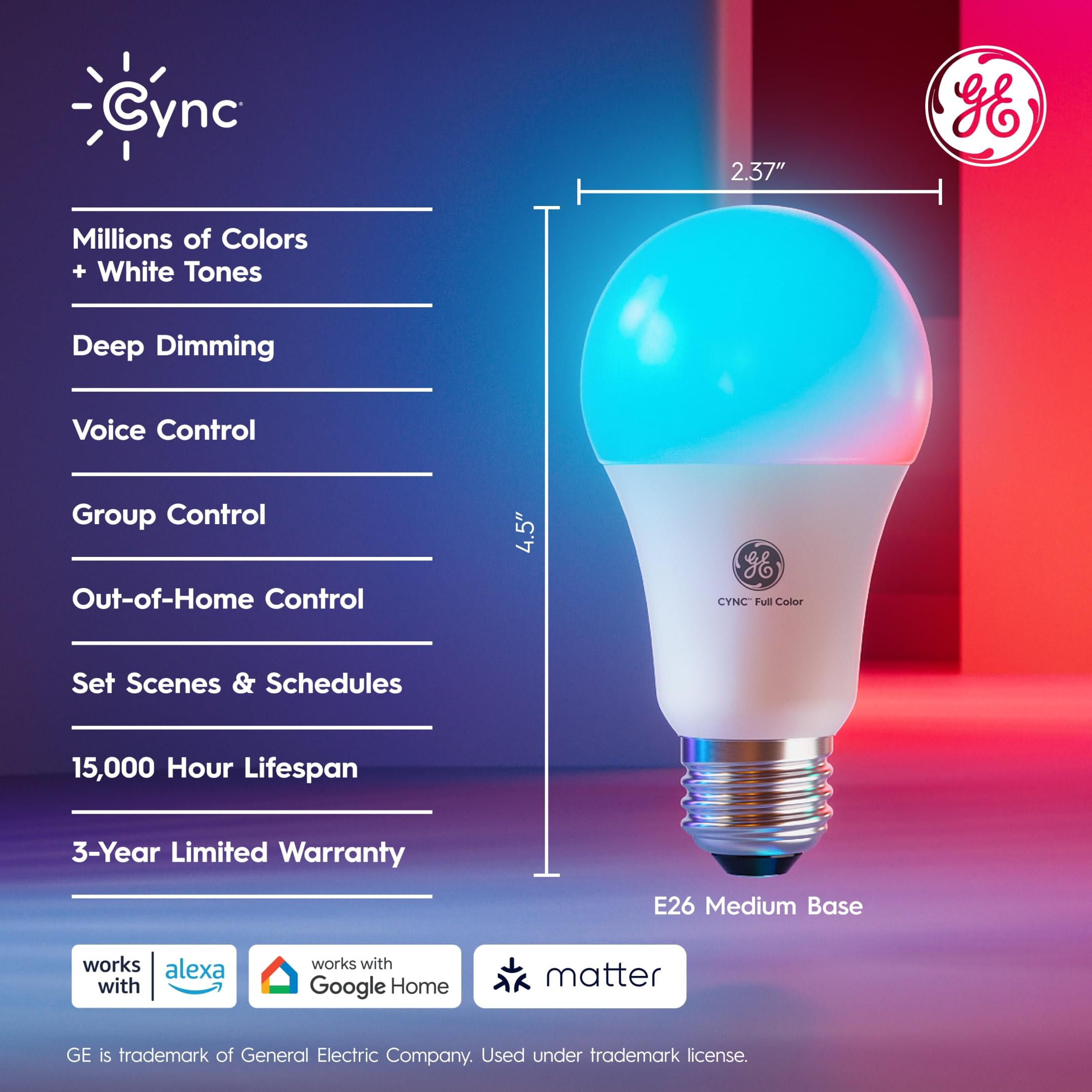 GE Cync A19 LED Smart Light Bulbs, Room Decor Aesthetic Bluetooth and WiFi Color Changing Lights, LED Indoor Light Bulb, Compatible with Alexa and Google (2 Pack)