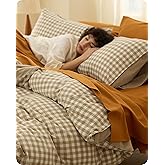 Bedsure Gingham Duvet Cover Queen Size,100% Washed Cotton Duvet Cover Linen Like Textured, Classic Yarn-Dyed Checkered Pattern Enhances Bedroom Comfort and Style, Gingham Khaki, 90"x90"