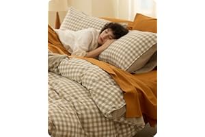 Bedsure Gingham Duvet Cover Queen Size,100% Washed Cotton Duvet Cover Linen Like Textured, Classic Yarn-Dyed Checkered Pattern Enhances Bedroom Comfort and Style, Gingham Khaki, 90"x90"