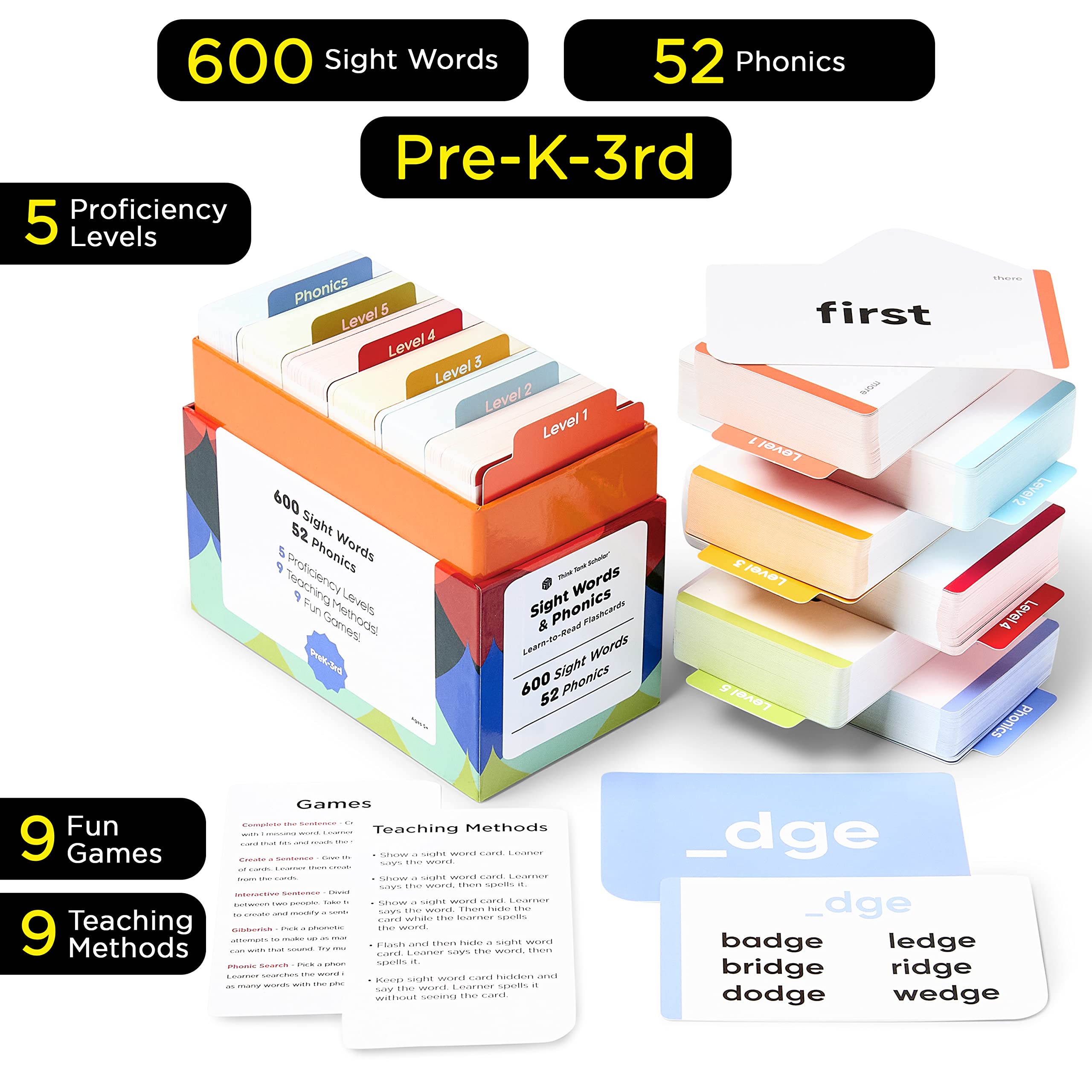 652 Sight Words Phonics + 180 Preschool Bundle Flash Cards, Learn to Read: CVC Blends, Short/Long Vowel Sounds, Dolch & Fry High Frequency Site Words + Games