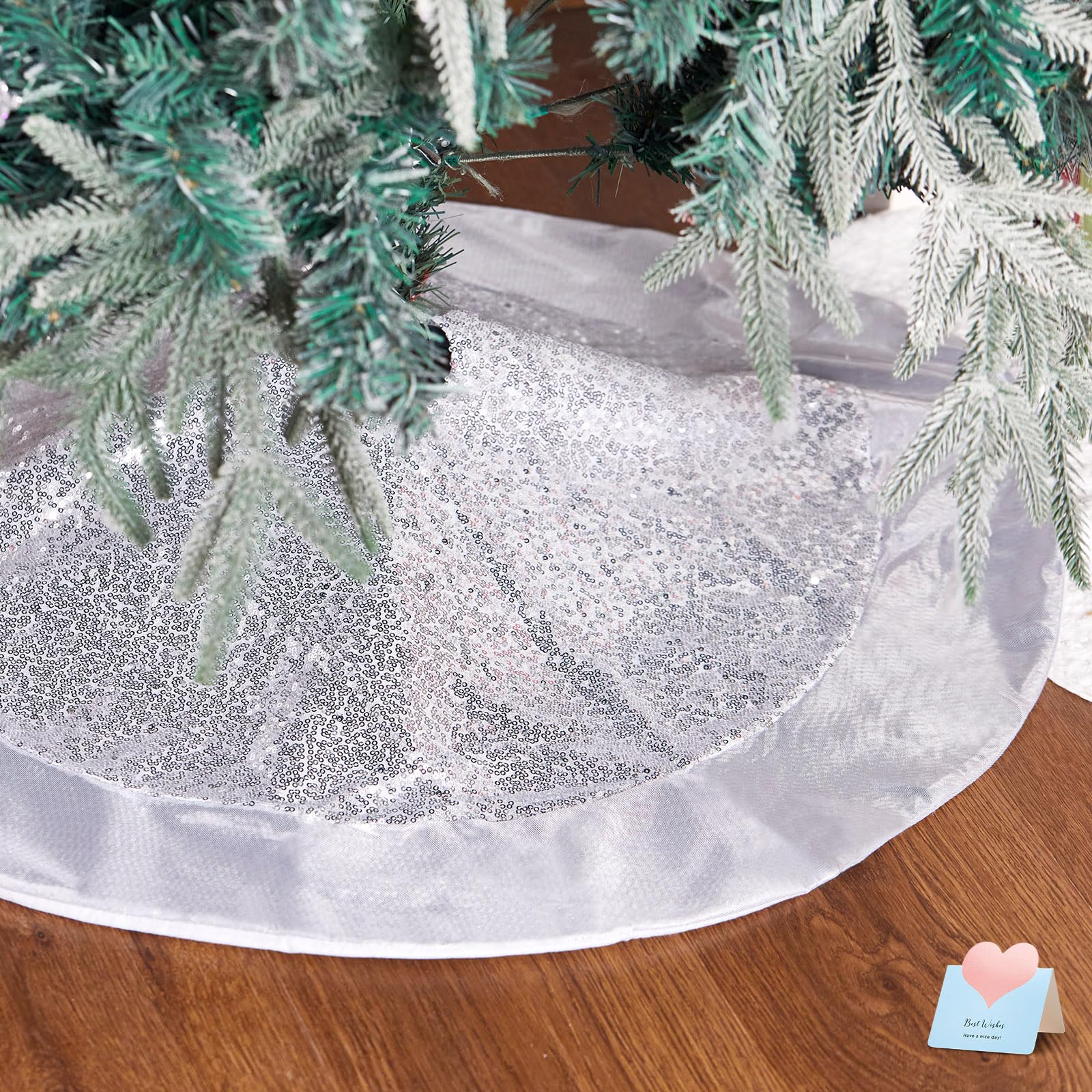 Houwsbaby Brand Luxury Scale Golden Sequin Christmas Tree Skirt with Glitter Satin Border Sparkle Paillette Decor Double Layers Xmas Mat Ornament Holiday Party Supply Tie Closure, 32''/ 81cm (Style 2)