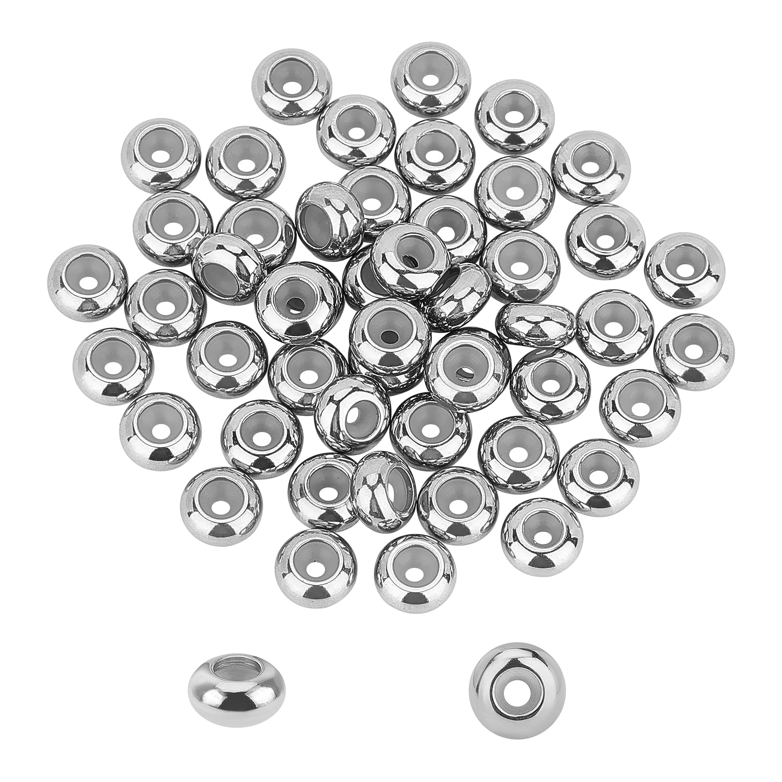 UNICRAFTALE About 50pcs 7mm Metal Bead Stainless Steel Sliding Beads with Rubber Inside Rondelle Slider Beads Stopper Bead for Jewelry Making DIY Rubber Hole 1.6~2mm