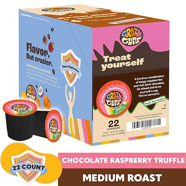 CRAZY CUPS DECAF FLAVORED COFFEE PODS – DECAF CHOCOLATE RASPBERRY TRUFFLE – DECAFFEINATED COFFEE PODS FOR KEURIG K-CUPS MACHINES, 22 COUNTS