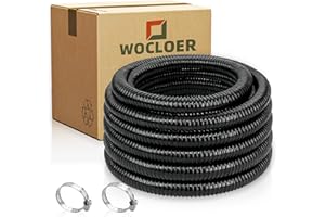 Wocloer Pond Tubing 1” × 10 Feet Black Flexible PVC Pond Hose,Garden Pond PVC Tube - Reinforced, Kink-Resistant Tubing for Pumps, Fountains & Waterfalls, with 2 Clamps,1" Dia