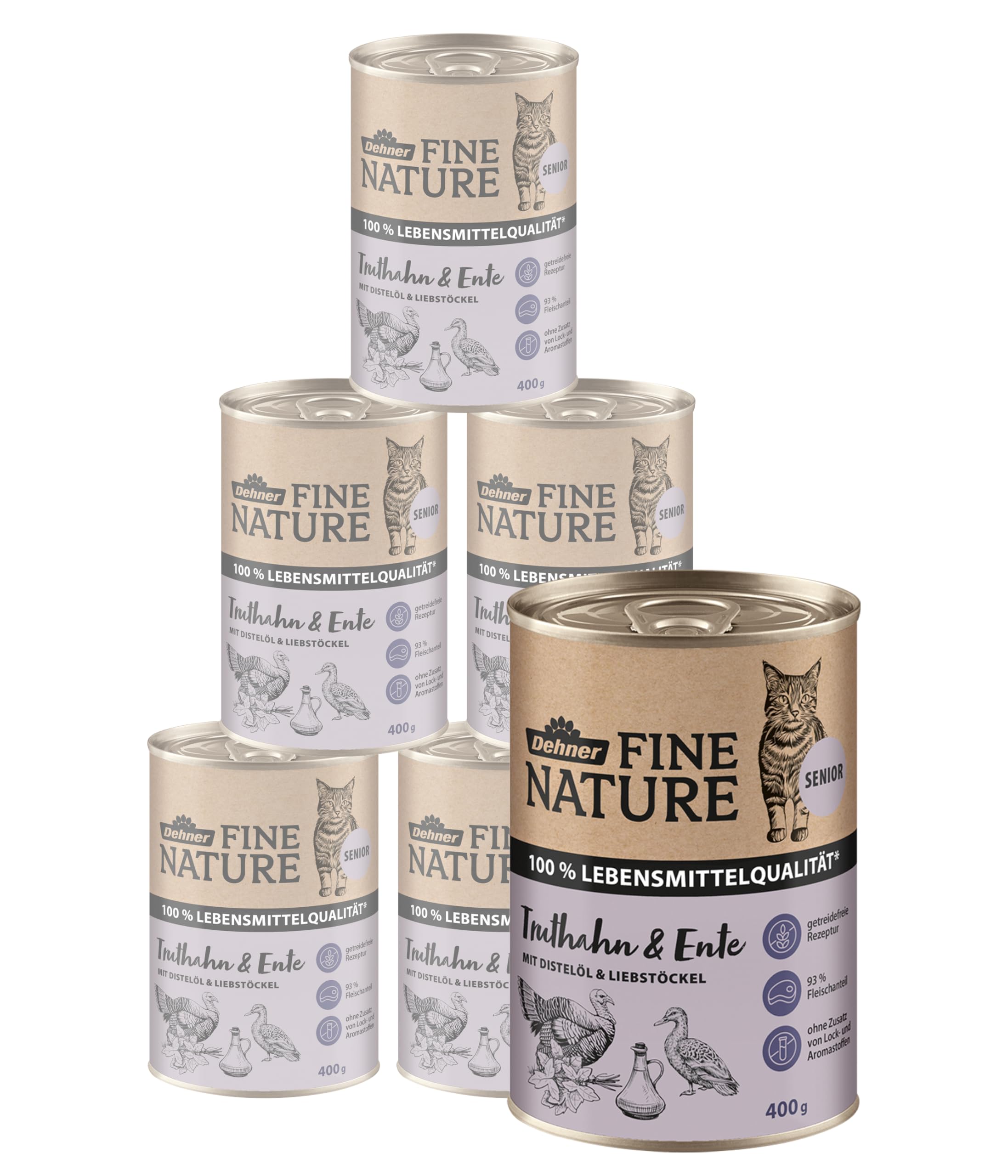Dehner Fine Nature Senior Cat Food, Food Grade, Turkey and Duck, 6 x 400 g (2.4 kg)