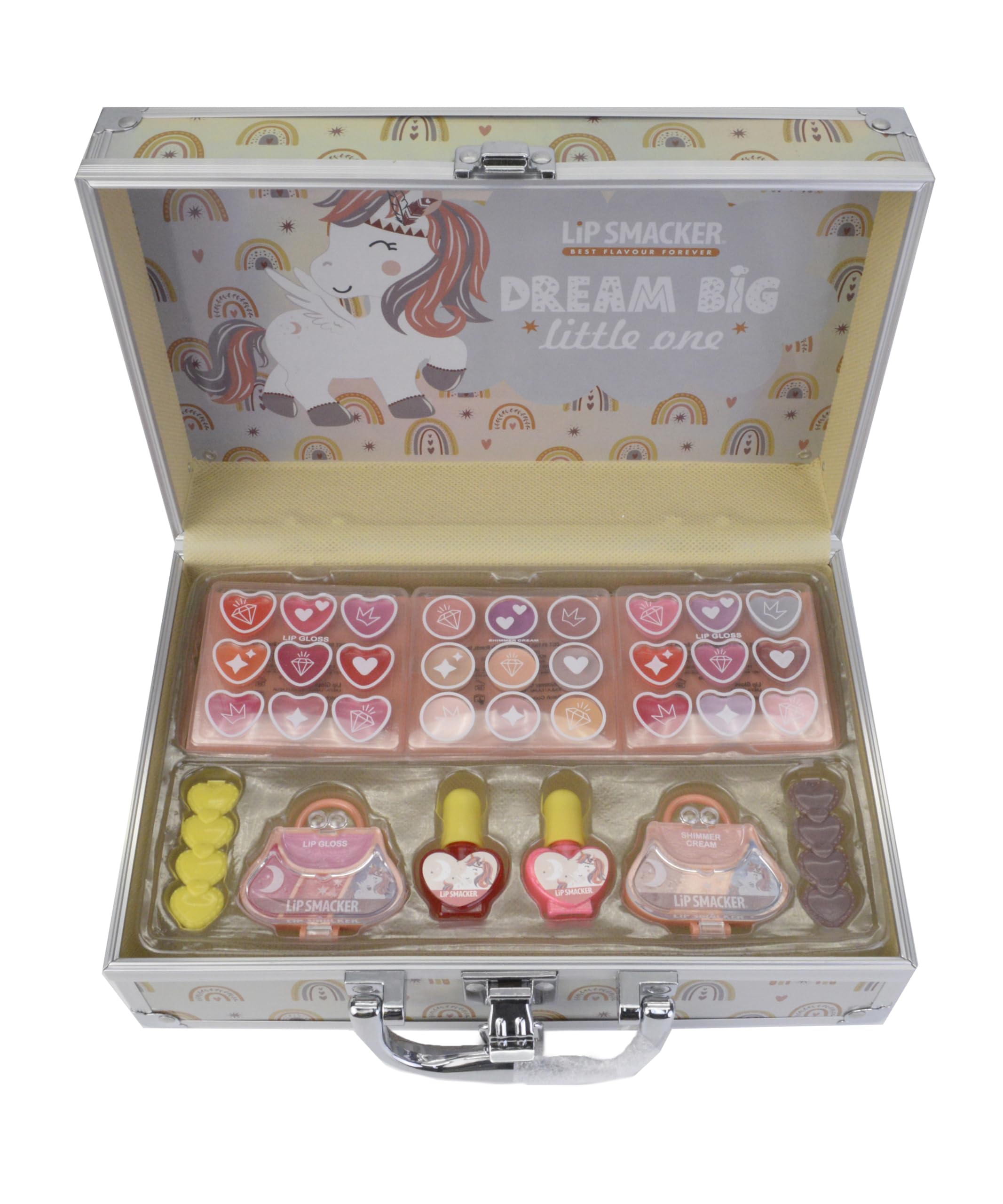 Lip Smacker Beauty Train Case, Girls All-in-One Makeup Giftset Including 22 Lip Glosses, 9 Easy-to-Apply Creamy Eyeshadow, 2 Nail Polish, 4 Shimmer Powders and Hair Clips for your Kids' Creative Look