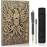 LongLongJin DND Journal Vintage Embossed 3D Phoenix Notebook, Antique Leather A5 Travel Diary, with Black Ballpoint Pen and Pen Sleeve, Daily Notepad Sketchbook, Suitable for Women&Men (Bronze)