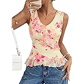 ZESICA Women‘s 2026 Summer Sleeveless V Neck Floral Ruffle Tops Casual Mesh Going Out Shirts Blouse Fashion Clothes