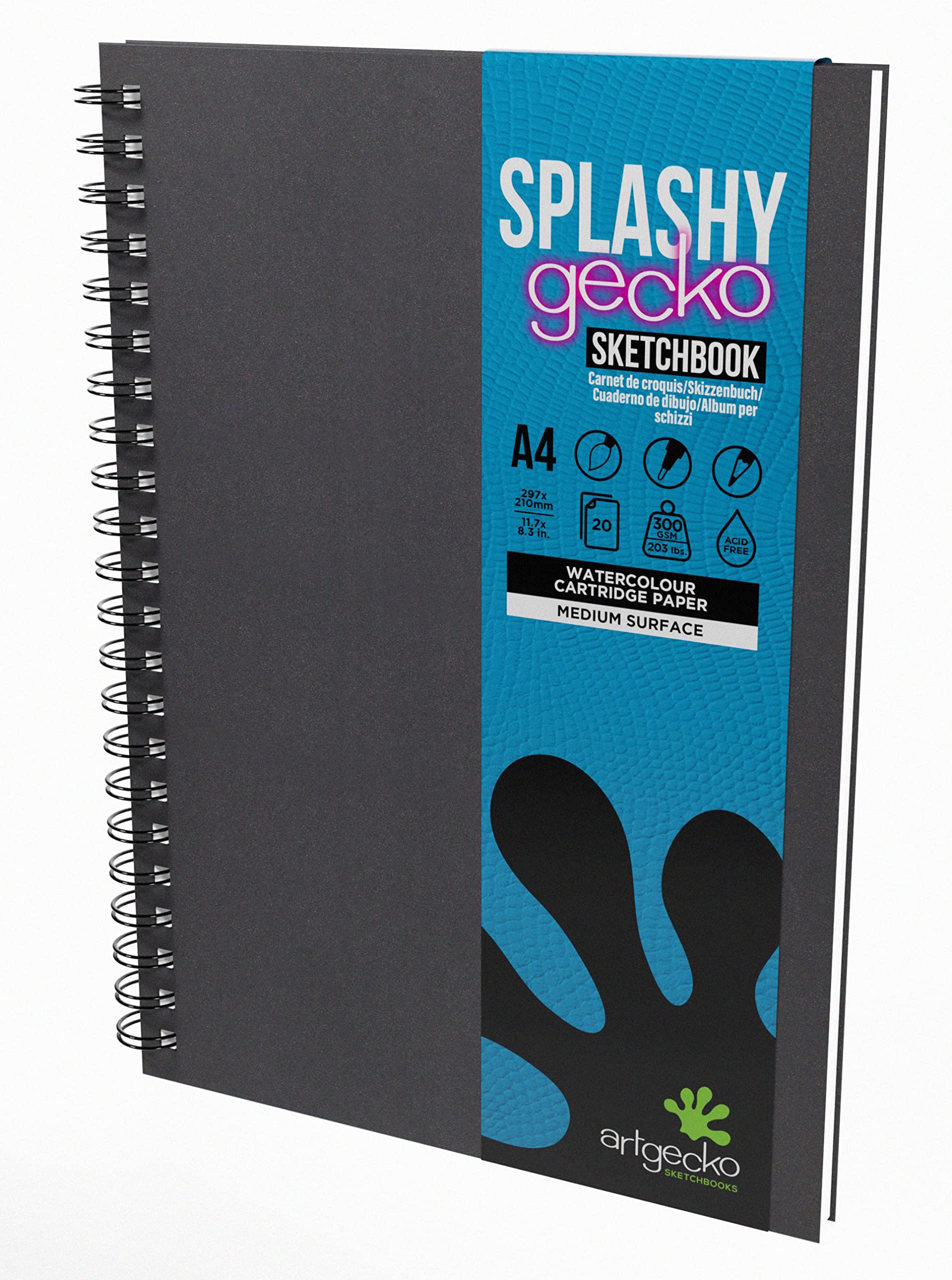 Artgecko 300gsm Watercolour Sketch Book A4 Portrait - 40 Pages (20 Sheets) White Cartridge Paper