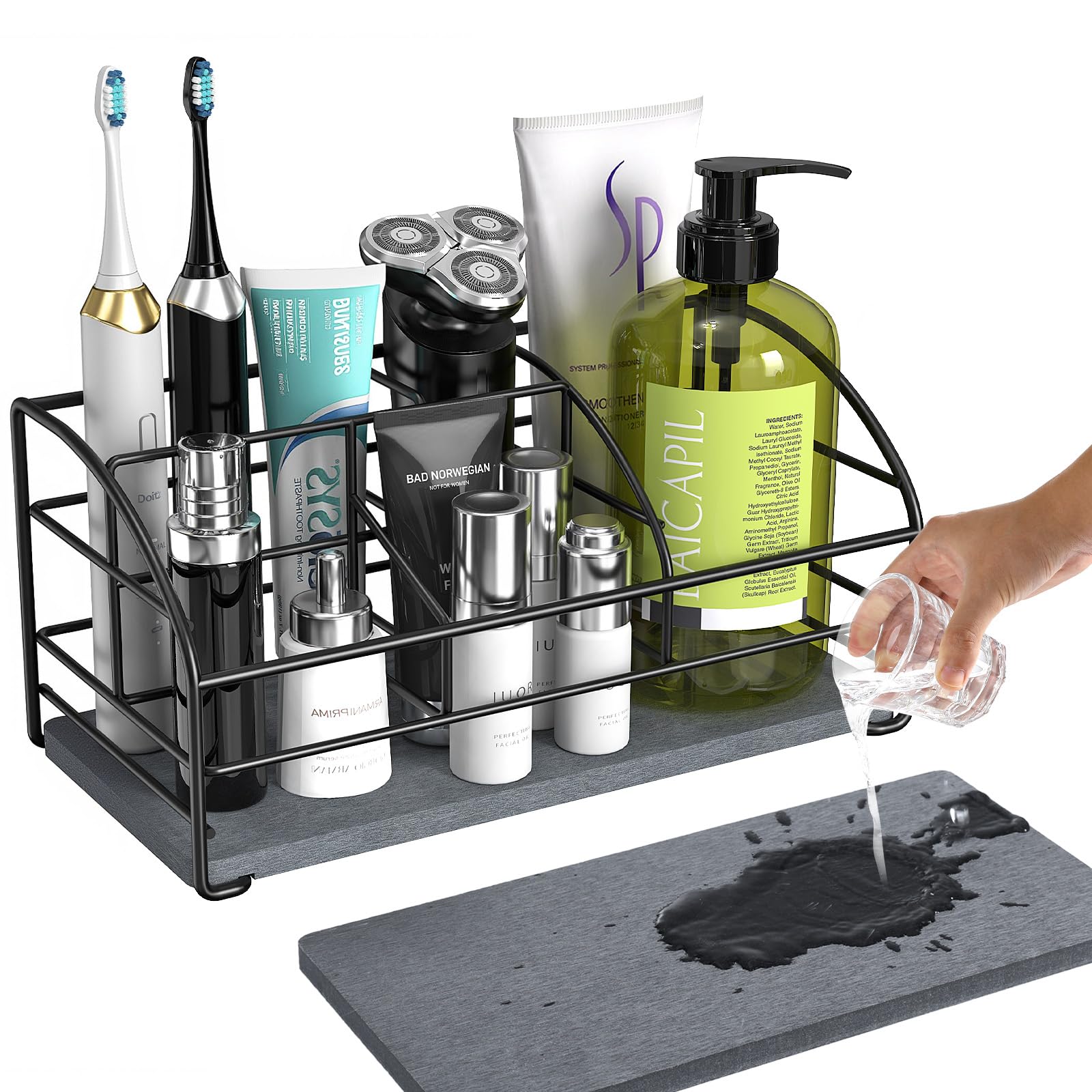 Luxspire Toothbrush Holders, 5 Slots Bathroom Counter Organizer with Diatomaceous Earth Tray, Stainless Steel Toothbrush Holder for Bathroom Kitchen Dressers Accessories, Black Image