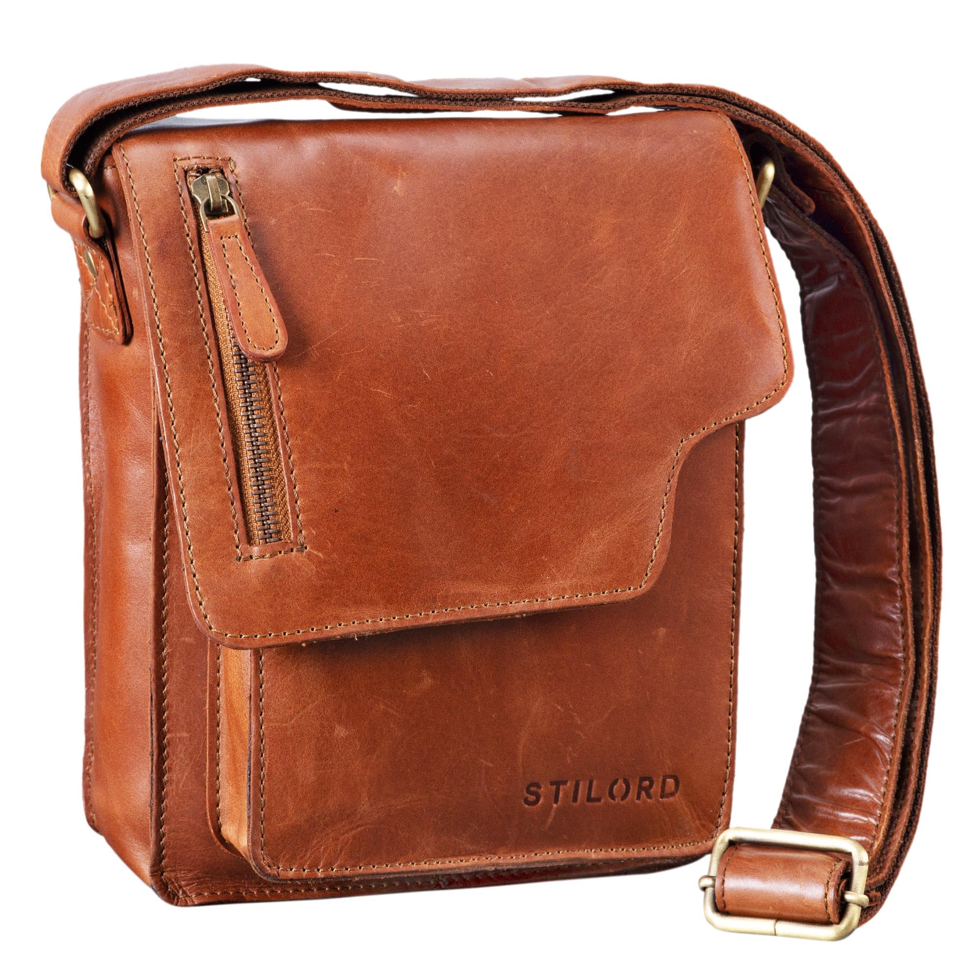 STILORD "Pete" Shoulder Bag Leather Small for Men Messenger Bag Cross-Body Vintage Design fit for 8,4 inch Tablets Bag Real Leather Colour:Shiny Cognac Brown