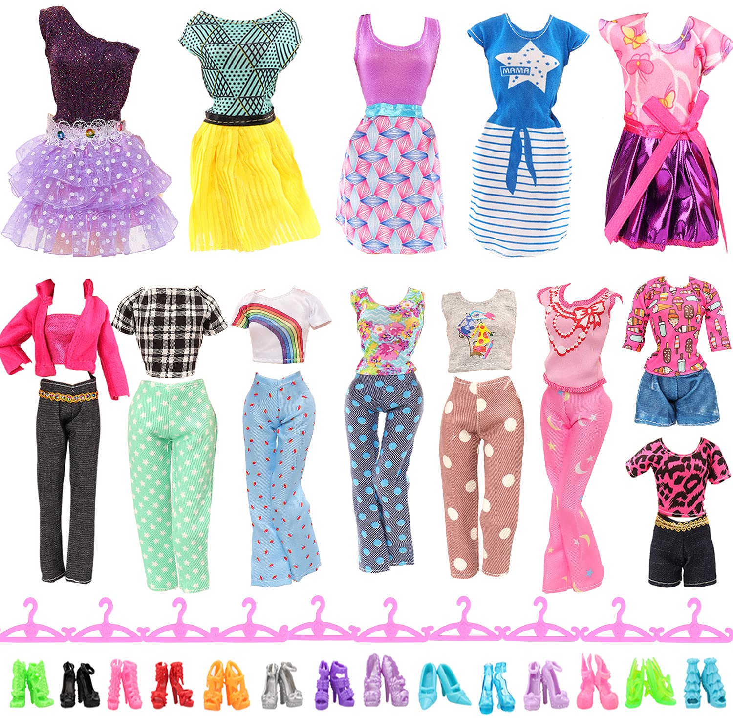 Miunana 30 pcs Doll Clothes and Accessories 10 Fashion Clothes Set 10 Fashion Skirts 10 Doll Shoes 10 Doll Heart Hangers Perfect for 11.5 inch Dolls