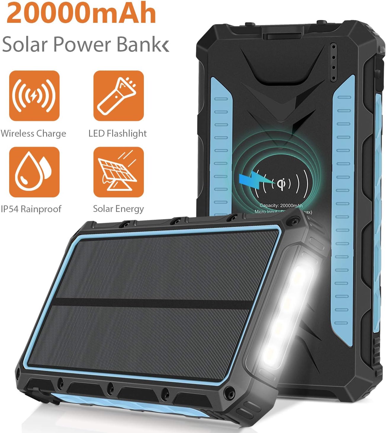 Solar Charger 20000mAh, Wireless Portable Solar Power Bank External Backup Battery, 3 Output Ports, 4 LED Flashlight, Carabiner, IP54 Rainproof for Camping, Outdoor Activities