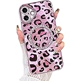 Fiyart Designed for iPhone 16 Plus Case,Compatible with MagSafe Plating Diamond Camera Protection Cheetah Leopard Print Glitter Magnetic for Women Men Shockproof Phone Bumper 6.7"-Pink
