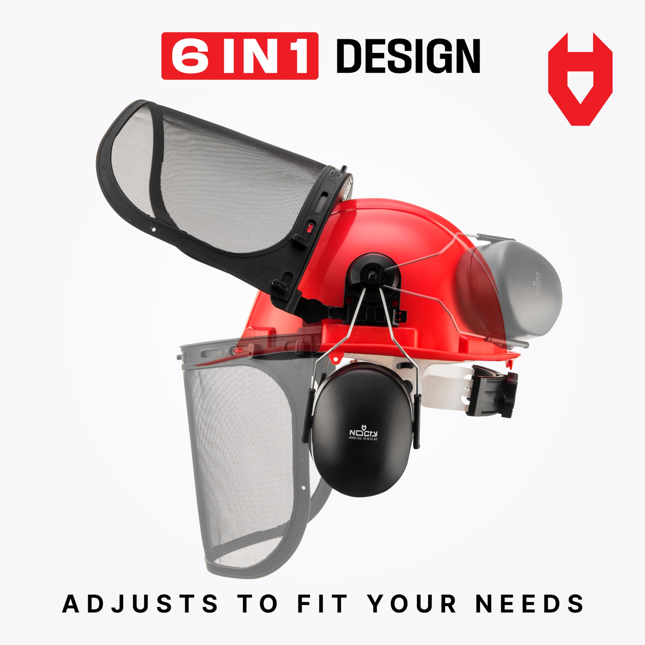 NoCry 6-in-1 Industrial Chainsaw Helmet with Face Shield and Ear Muffs - Includes Mesh and Clear Plastic Face Visor - ANSI Z89.1 Certified Forestry Helmet