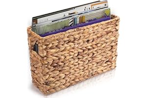 Yesland Hand-Woven Narrow Water Hyacinth Holder Wicker Basket, 15.5 x 5.5 x 9.75 Inch Decorative Magazine Storage Basket Bin for Home, Office, Desk