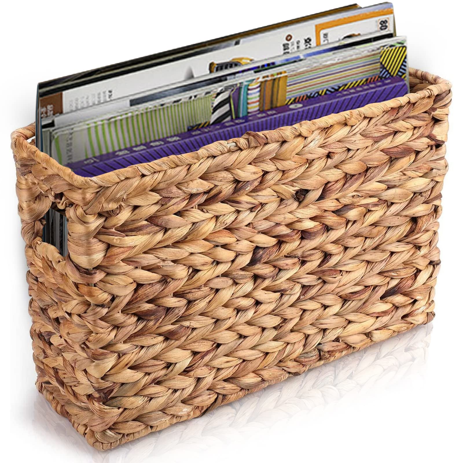 Photo 1 of Yesland Hand-Woven Narrow Water Hyacinth Holder Wicker Basket, 15.5 x 5.5 x 9.75 Inch Decorative Magazine Storage Basket Bin for Home, Office, Desk