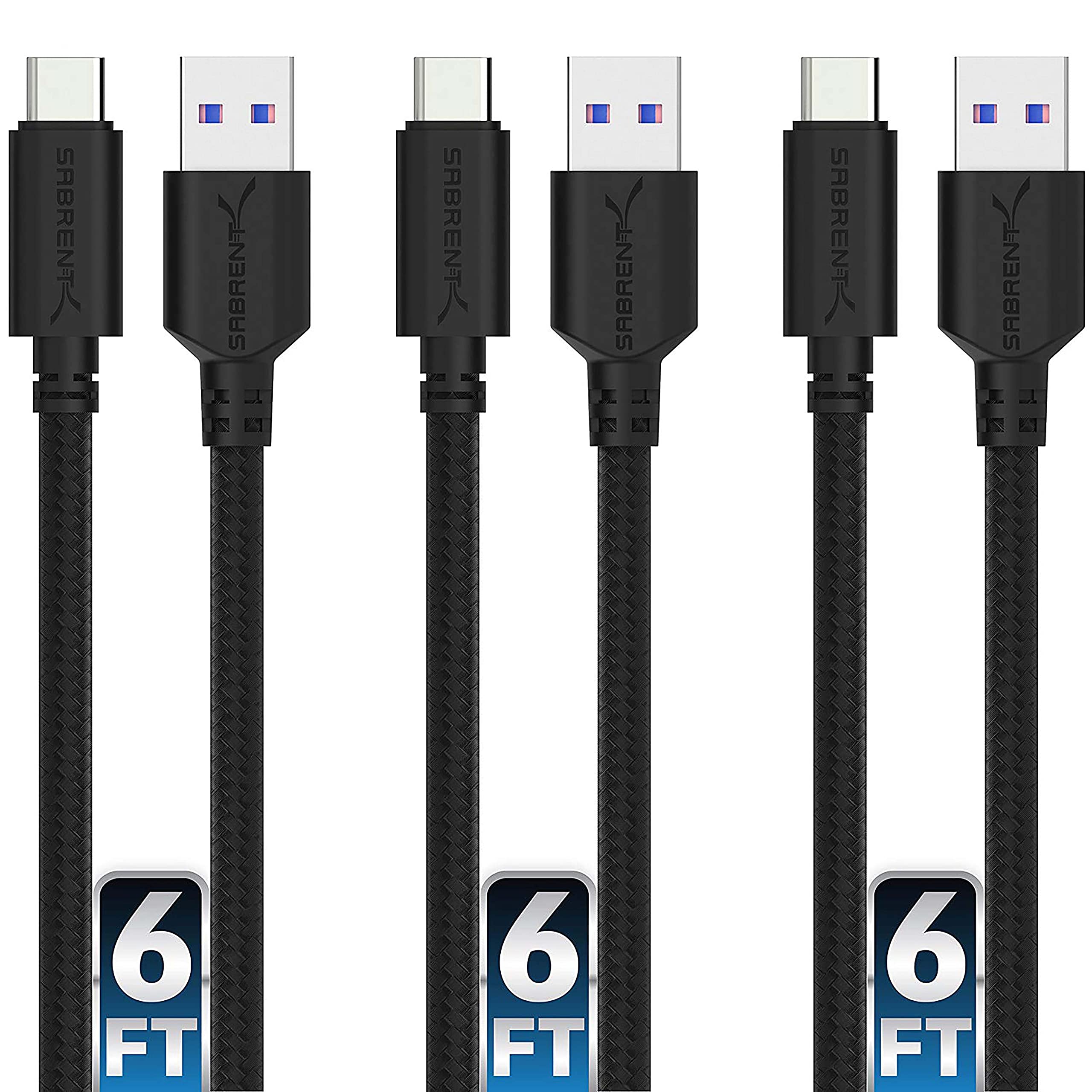 SABRENT [3-Pack 22AWG Premium 6ft USB-C to USB A 3.0 Sync and Charge Cables [Black] (CB-C3X6)