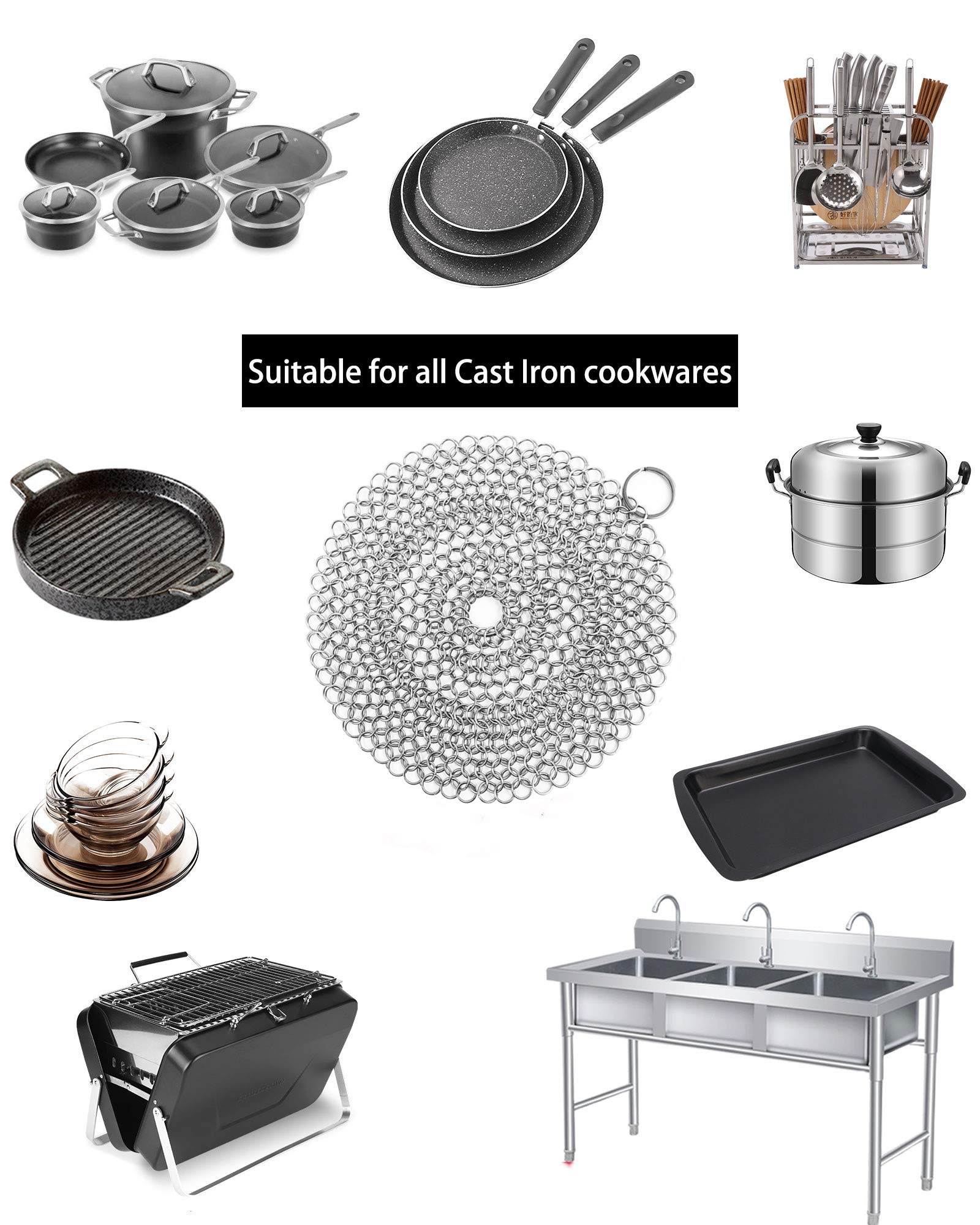 ONEEKK Cast Iron Skillet Cleaner Chainmail,2 Pack Premium Stainless Steel Chain Maille Scrubber for Cast Iron Pans,Stainless Steel,Glassware(7IN &5IN Round)