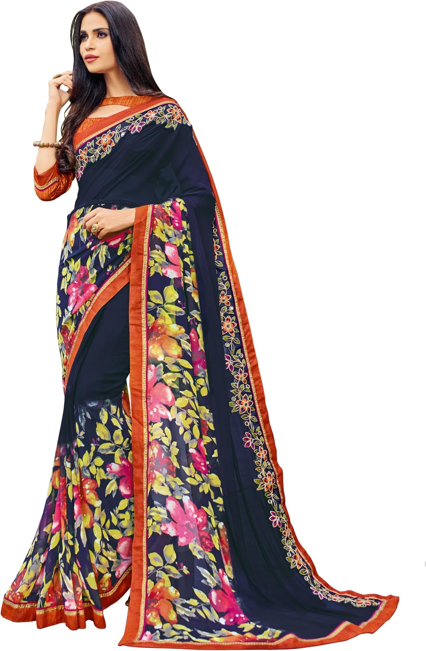 Designer Women's Ethnic Georgette Navy Blue Printed Saree Blouse