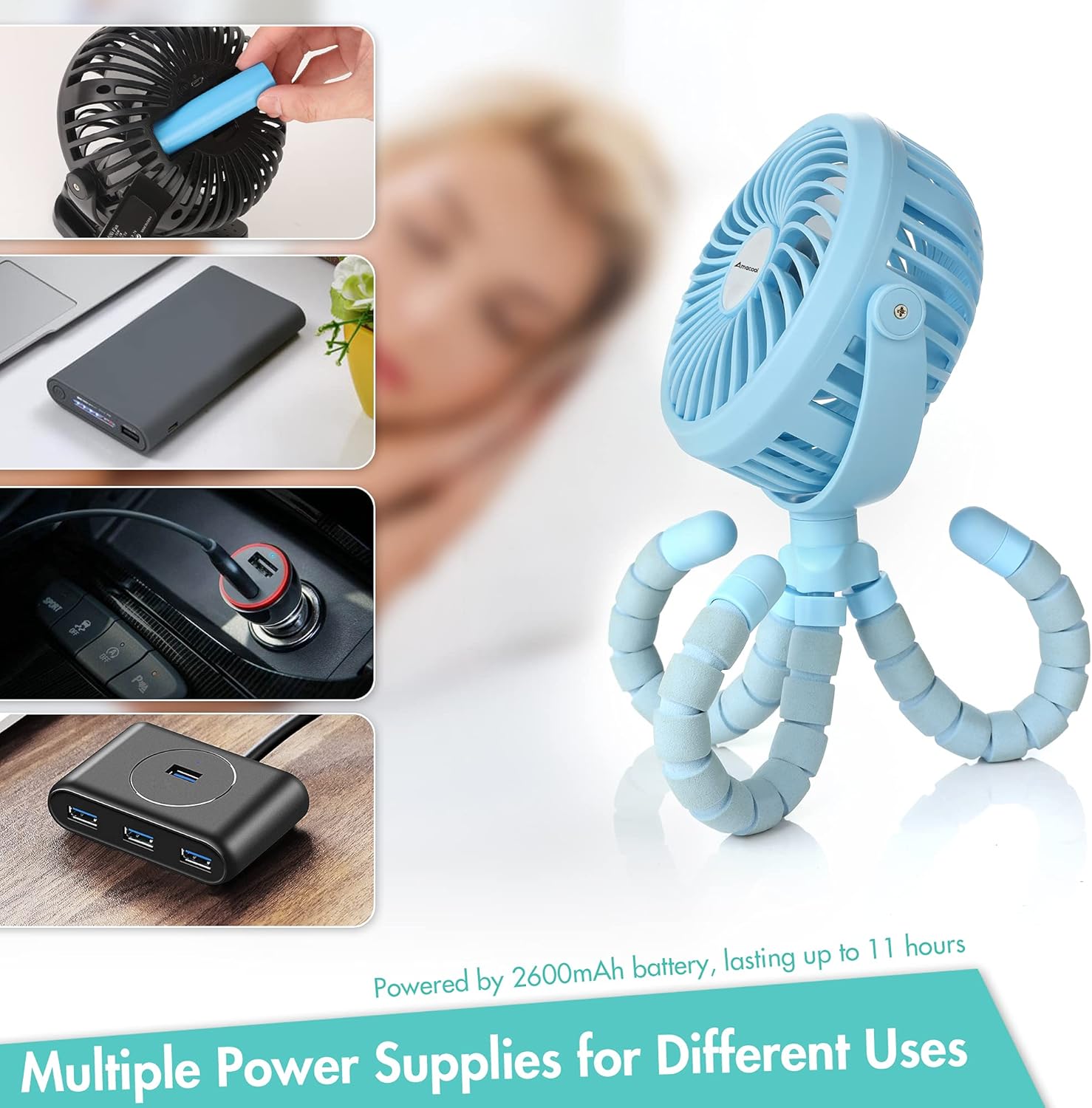 Battery Operated Stroller Fan Flexible Tripod Clip On Fan with 3 Speeds and Rotatable Handheld Personal Fan for Car Seat Crib Bike Treadmill (Blue): Kitchen & Dining