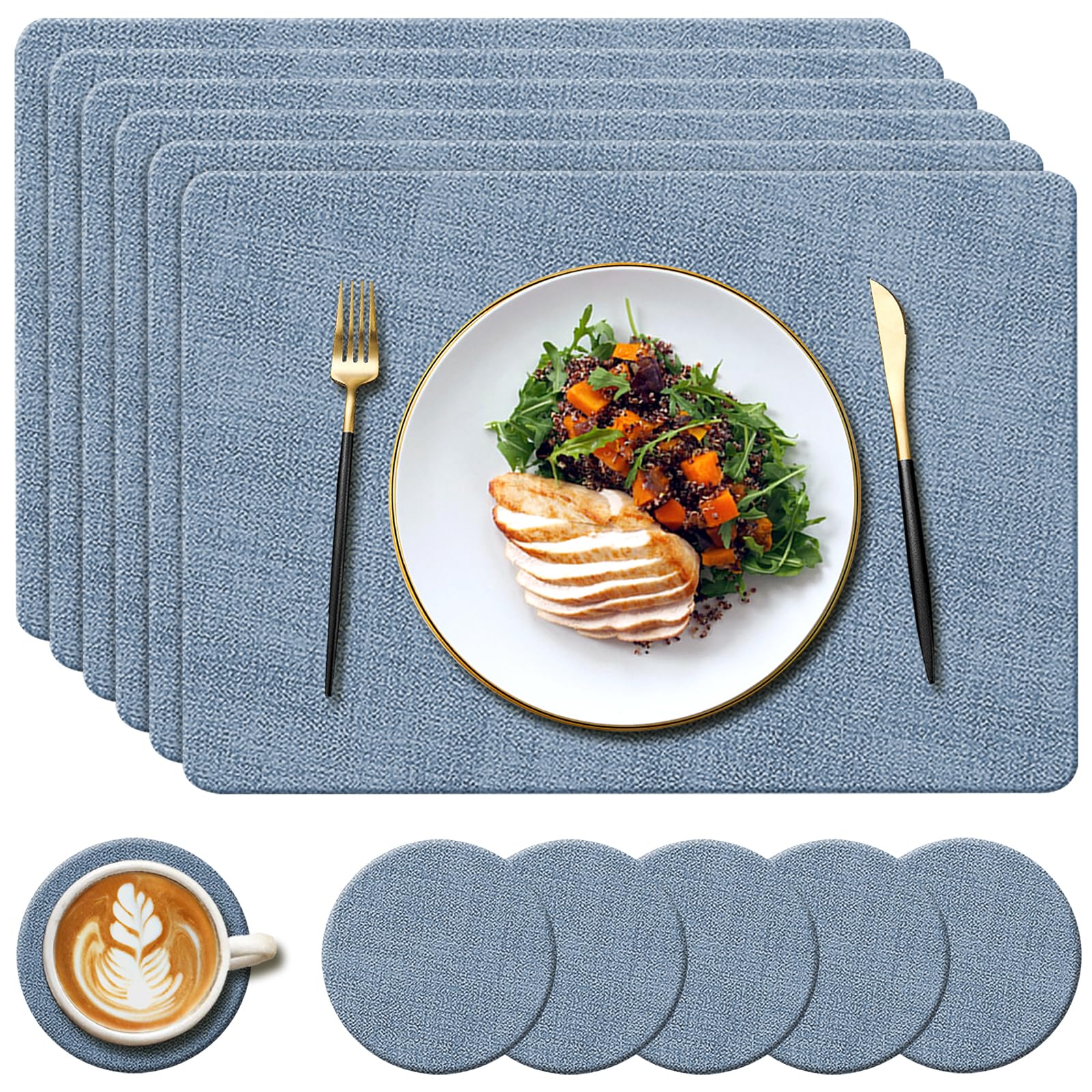 YUNJUER 6 Round Leather Place Mats(34cm) + 6 Coasters(10cm) Set, Heat-Resistant 212 °F PU Placemats, Non-Slip and Washable, Tablemats for Home, Hotel, Dining Table, Indoor, Outdoor, 43x30cm, (Blue)