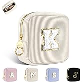 Playexen Small Initial Makeup Bag, Beige Corduroy Personalized Cosmetics Bag with Ring Buckle, Monogram Cute Travel Toiletry Pouch Purse, Birthday/Wedding/Party Gifts (Letter K)