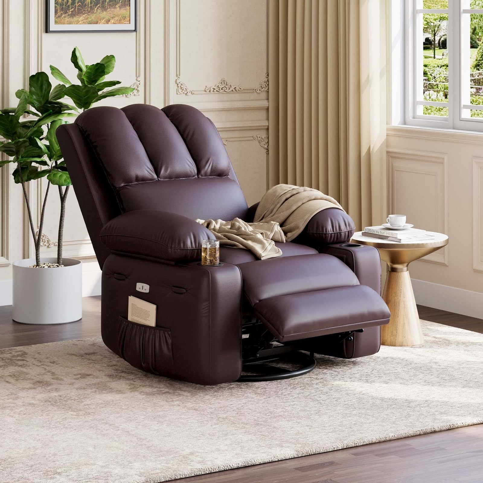 Photo 1 of ***FACTORY SEALED*** Oversized Power Recliner Chair with Heat and Massage - 360° Swivel Faux Leather Rocking Chair for Adults with Cup Holder for Living Rooms, Bedrooms, and Nurseries - Brown