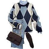 MakeMeChic Women's Argyle Plaid Sweater Crew Neck Long Sleeve Knit Vintage Pullovers