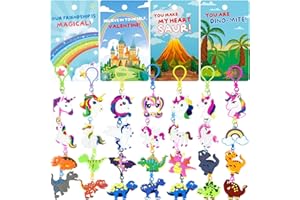 Pseutio 28 Packs Valentines Day Gifts for Kids Classroom with Dinosaur Keychains and Unicorn Keychains, Valentines Cards for Kids Classroom School Valentine Gift Exchange
