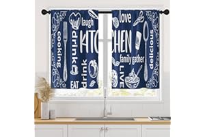 Arttown Blue Kitchen Curtains 36 Inch Length Modern Window Curtains Over Sink Set of 2, White Kitchen Doodle Short Tier Curtain for Kitchen, Abstract Art Small Kitchen Decor