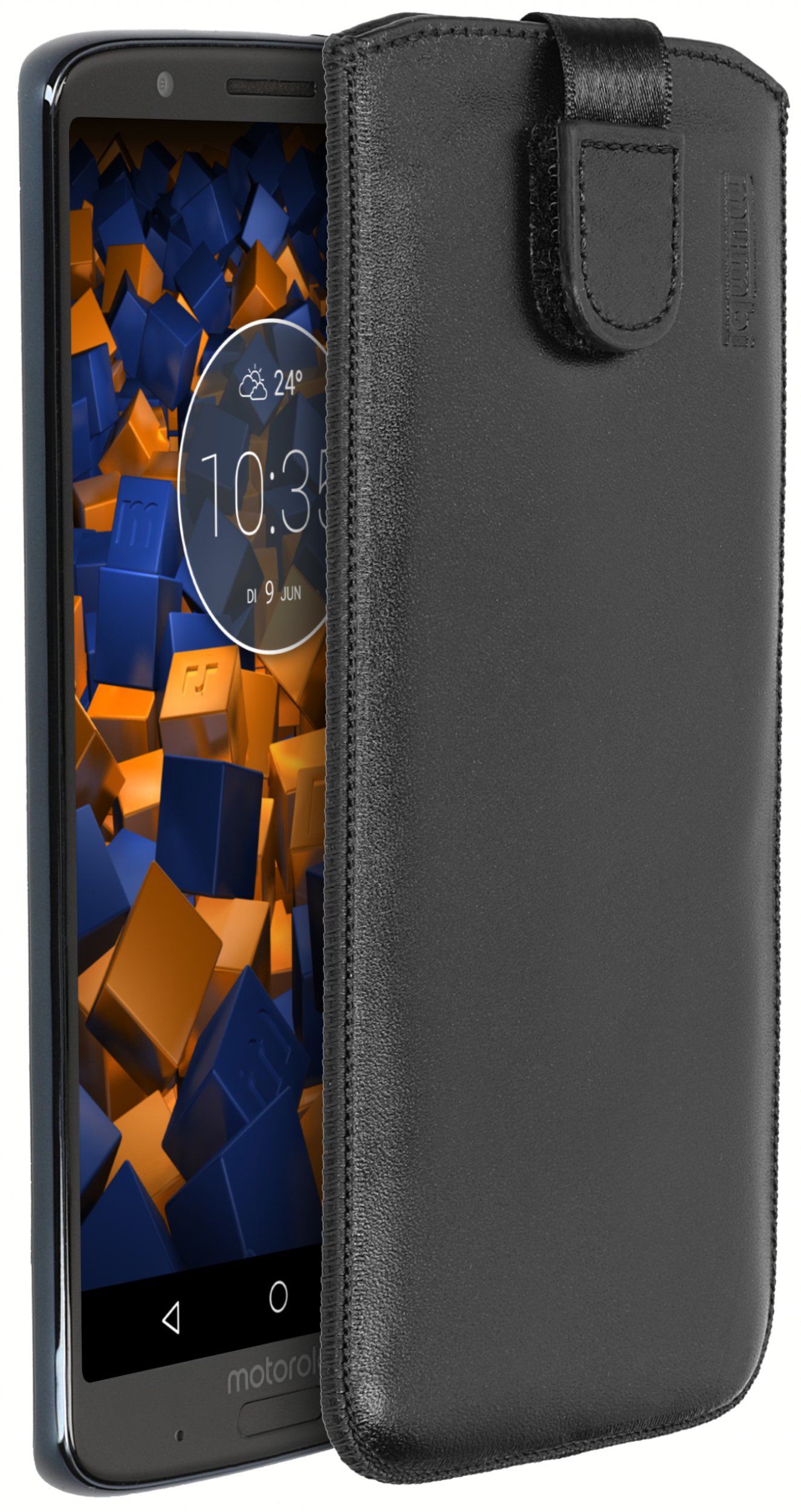 mumbi Genuine Leather Case for Motorola Moto G6 Plus with Flap and Pull-Out Tab Black