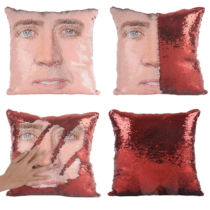 Merrycolor Mermaid Pillow Cover, Nicolas Cage Pillow Case Magic Reversible Sequin Pillow Cover Decorative Throw Cushion Case (Red)