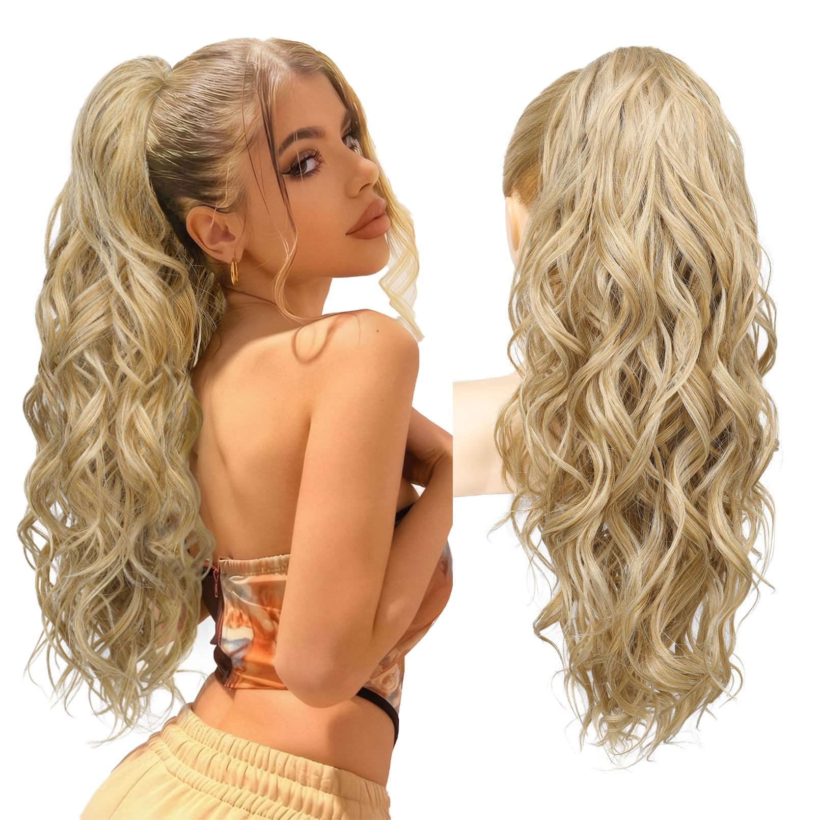 Photo 1 of REECHO Ponytail Extension, 24" Claw Clip Ponytail Extension Wavy Ponytails Hair Extensions Jaw Clip on Pony Tails Natural Synthetic Hairpiece for Women Daily, Golden with Blonde Highlights