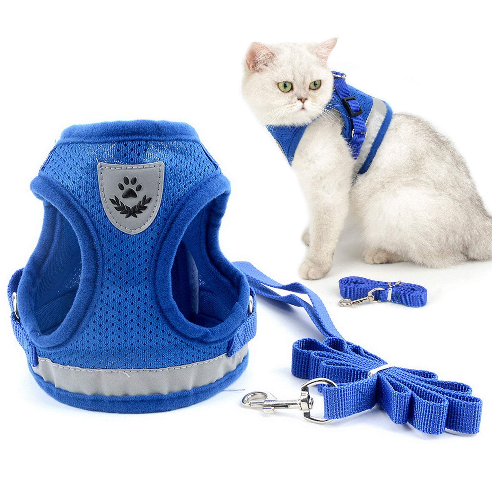 SMALLLEE_LUCKY_STORE Soft Mesh Refective Cat Harness and Lead Set Escape Proof Adjustable No Pull Choke Safe Walking Jacket for Small Dogs Puppy Kitten,Blue Medium