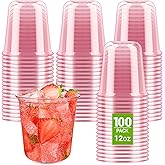 Soelomu 12 oz Pink Plastic Cups, 100 Pcs Disposable Stemless Wine Glasses Crystal Cocktail Cups Cold Drinking Party Glasses for Valentine's Day Wedding Gathering Birthday Meeting