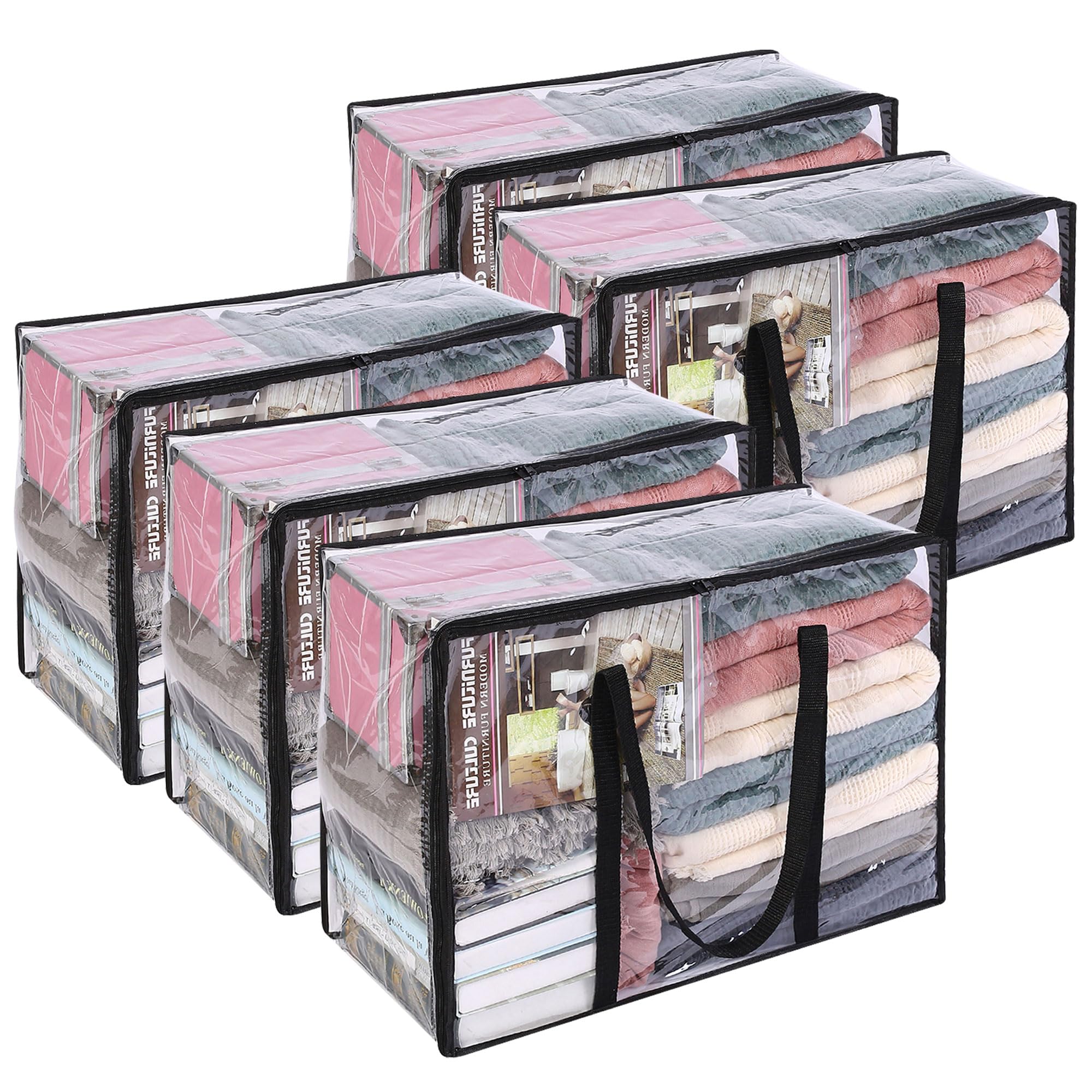 Vieshful 5 Pack Clear Storage Bags 40L Clothes Storage Bags with Zips Underbed Storage for Clothes, Duvet, Blankets, Toys Plastic Moving Bags Black