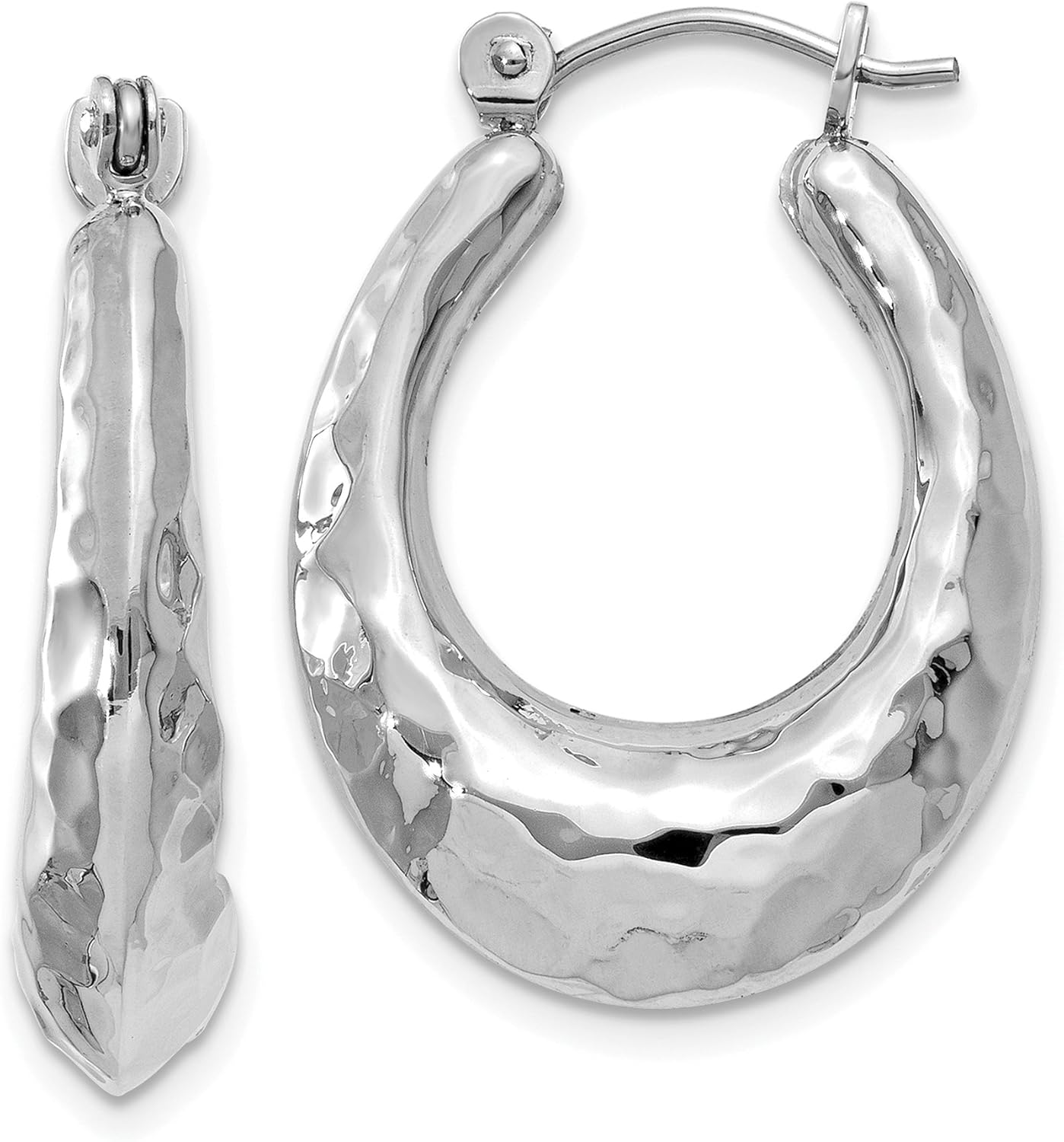 14K White Gold Polished Hammered Hoop Earrings (Approximate Measurements 11mm x 6mm