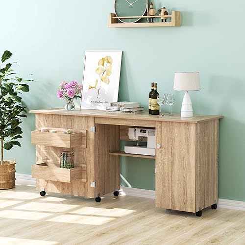 ITUSUT Folding Sewing Machine Table with Cabinet, 63 Inch