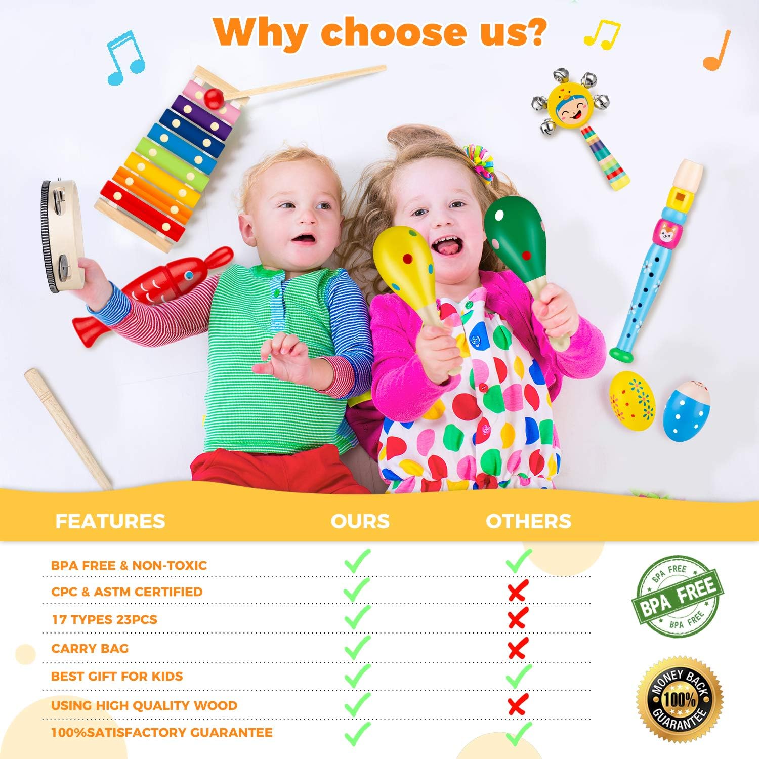 Obuby Toddler Musical Instruments Sets Wooden Percussion Instruments Toy for Kids Preschool Educational Wood Toys with Storage Bag for Kid Baby Babies Children Boys and Girls: Toys & Games