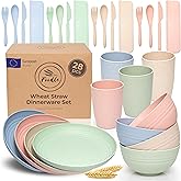FOODLE Wheat Straw Dinnerware Set - BPA Free & Safety Tested - Dishwasher & Microwave Safe - Toddler & Kids Plates and Bowls Sets - Plastic Plates Reusable - Perfect for RV, Camping Dishes - For 4
