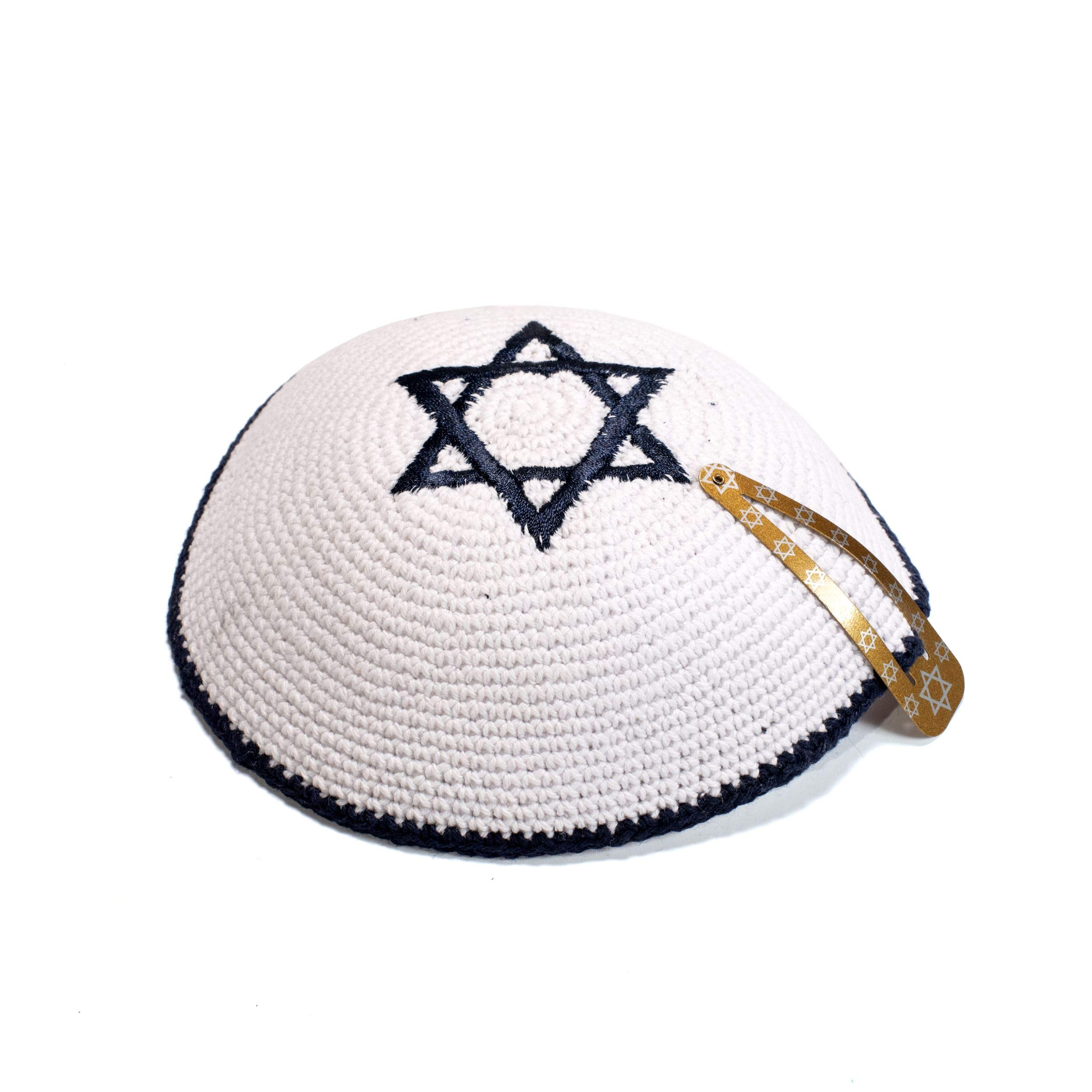 White and Dark Blue Star of David Cotton Kippah Yarmulke Jewish Yamaka Kippa Israel Cap Judaica, White, 19cm
