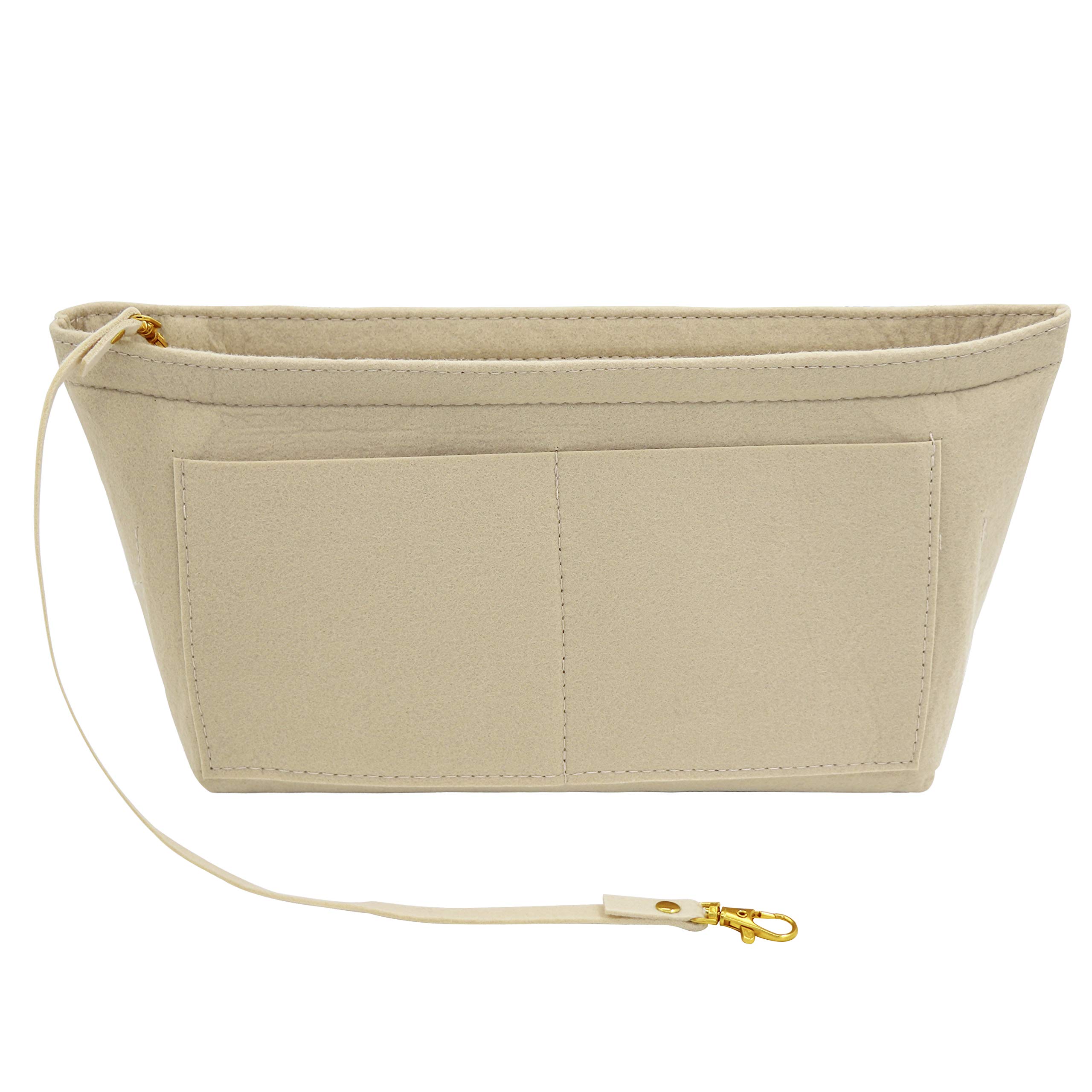 Fovasen Felt Handbag Organiser Insert, Bag Organiser Insert with Handles Keychain, Pocket Purse Cosmetic Storage Bag for Women,Beige-Large