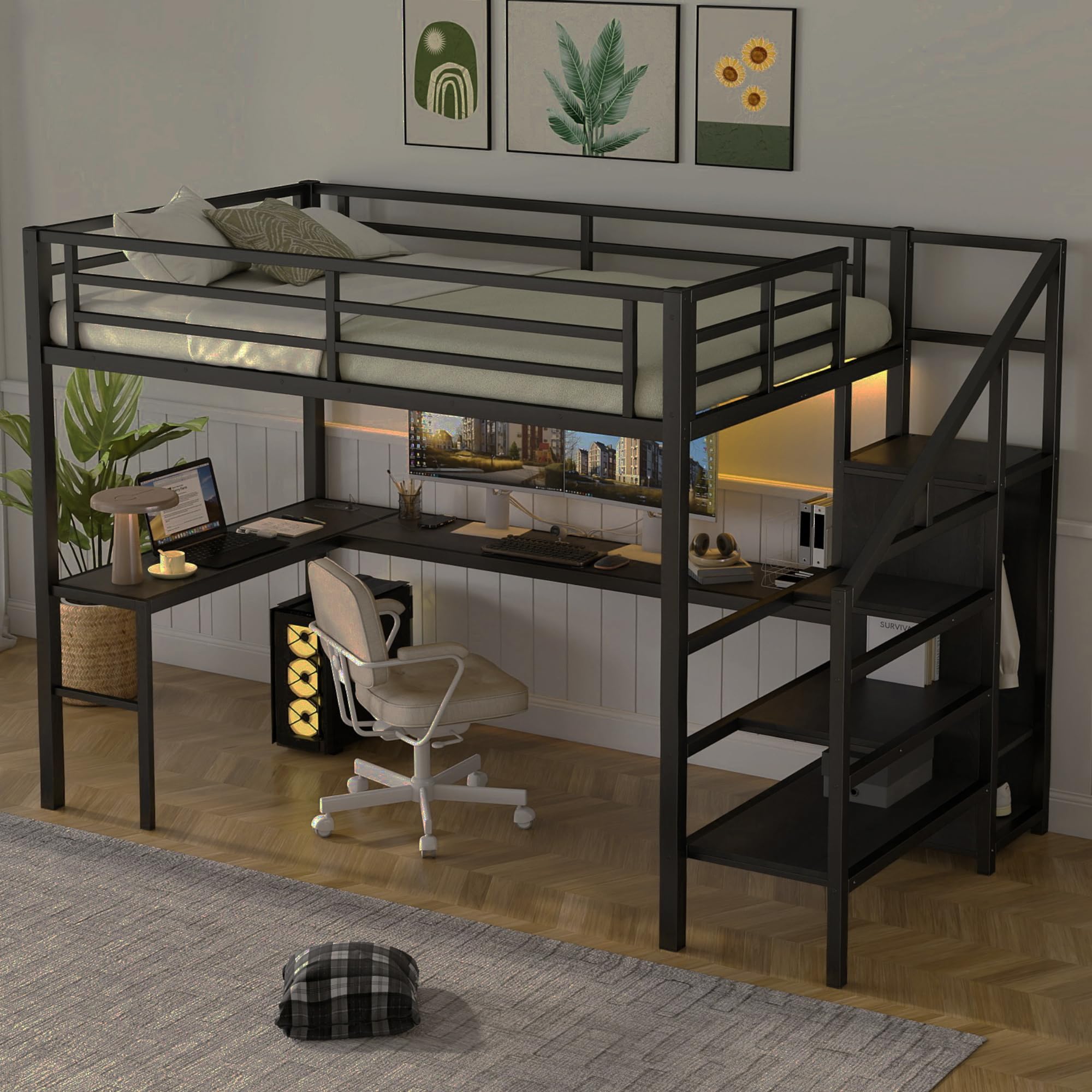 Photo 1 of ***The photo and description is only to the reference***Bellemave Full Size Metal Loft Bed with L Shaped Desk and Wardrobe, Heavy Duty Loft Bed Frame with Storage Stairs, LED Loft Bed Frame with Charging Station & Safety Guardrails, Black