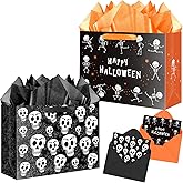 JWSCYSY 2Pack 12.6" Skull Gift Bag with Card and Tissue Paper, Happy Halloween Paper Bags for Men Women Party Favor (Black)
