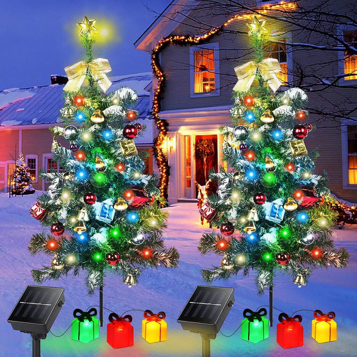 Trees - Aukora Solar Christmas Tree Lights Outside Decorations 31 in,8 Modes Christmas Lights Outdoor Waterproof with 23 Xmas Accessories & 3 Box Lights for Garden Pathway Cemetery Decor,2Pack